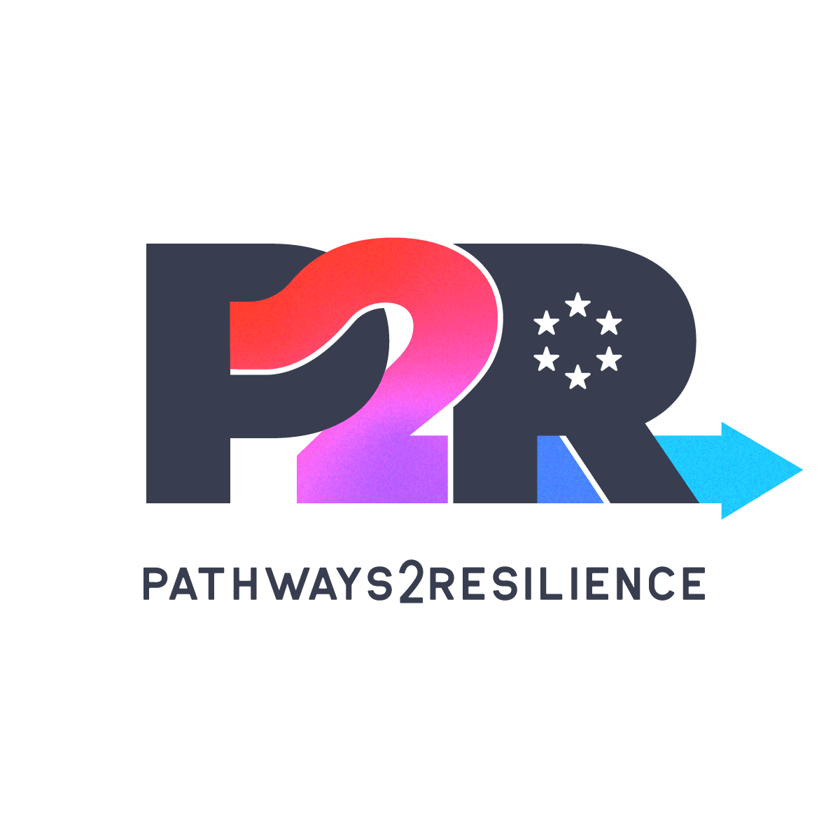 Logo projektu Pathway2Resilience (P2R) zobrazuje zkratku P2R s barevným gradientem v odstínech červené, fialové a modré. V pravé části loga je skupina pěti hvězd symbolizující Evropskou unii a šipka směřující doprava, znázorňující cestu k odolnosti vůči změnám klimatu.