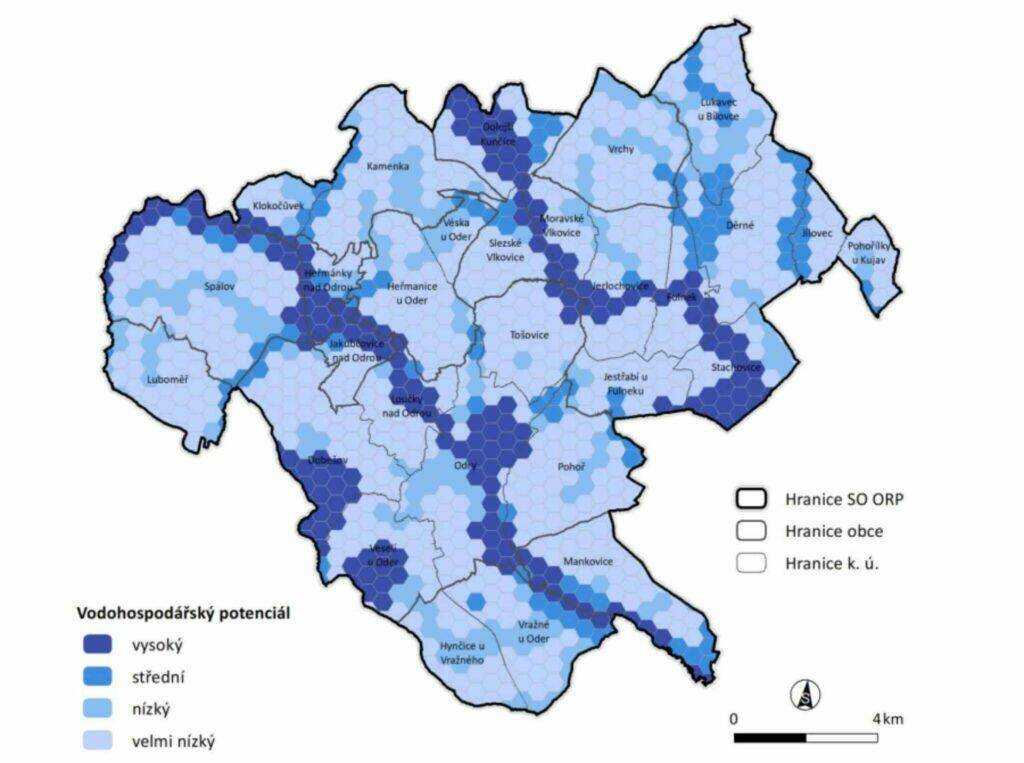 Mapa vodohospodářského potenciálu v ORP Odry ukazuje oblasti s různým potenciálem od velmi nízkého po vysoký, s výraznějšími hodnotami v severovýchodní a jihovýchodní části území. Tato mapa je klíčovým podkladem územní studie krajiny ORP Odry, která se zaměřuje na ochranu a rozvoj vodních zdrojů, zlepšení vodní retence a protipovodňová opatření. Oblasti s vyšším potenciálem jsou prioritní pro implementaci vodohospodářských opatření