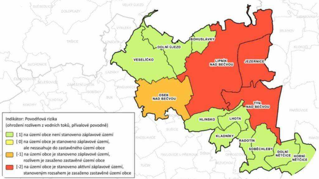 Mapa hodnotící povodňová rizika v obcích správního obvodu ORP Lipník nad Bečvou. Oblasti jsou barevně označené podle úrovně rizika zaplavení: zelená barva značí obce bez stanoveného záplavového území, žlutá obce se stanoveným záplavovým územím mimo zastavěnou oblast, oranžová obce, kde záplavové území zasahuje zastavěné území, a červená označuje obce se stanoveným aktivním záplavovým územím, které zasahuje zastavěné oblasti