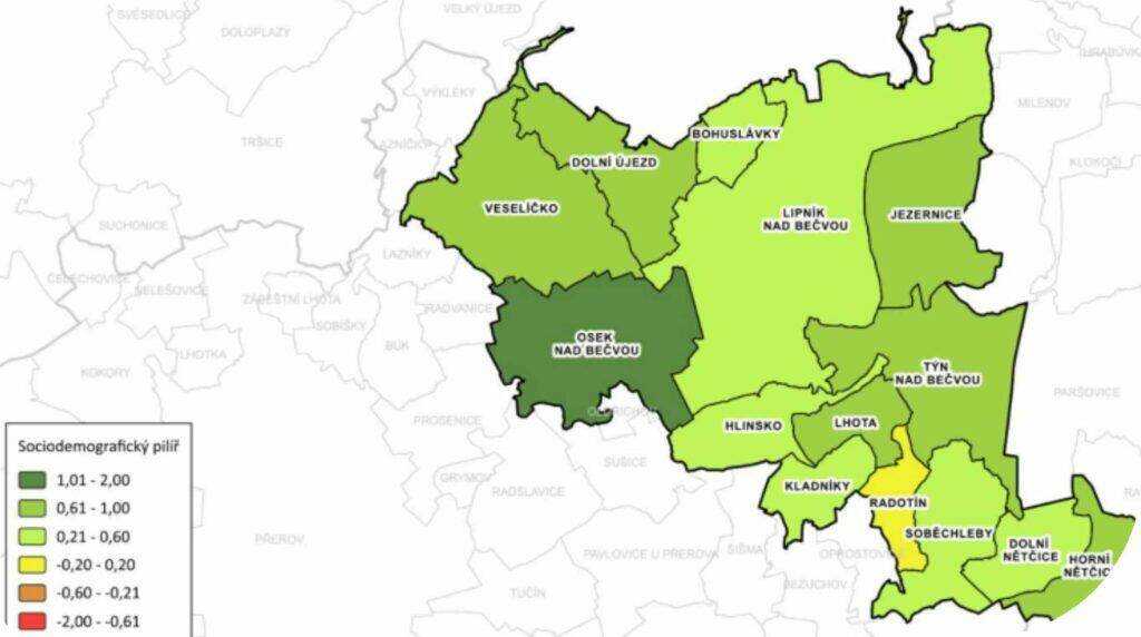 Mapa zobrazující hodnocení sociodemografického pilíře v obcích správního obvodu ORP Lipník nad Bečvou. Oblasti jsou barevně rozděleny podle indexu sociodemografických podmínek: tmavě zelená označuje nejvyšší hodnocení (1,01 - 2,00), světle zelená střední hodnoty (0,21 - 1,00), žlutá označuje mírně negativní hodnoty (-0,20 - 0,20) a oranžová nízké až velmi nízké hodnocení (-0,61 až -0,20).