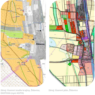Porovnání územní studie krajiny a územního plánu pro Židovice. Levý obrázek znázorňuje návrh využití krajiny s důrazem na ekologickou stabilitu, zatímco pravý zobrazuje detailní územní plán se zaměřením na konkrétní funkční využití ploch. Zdroj: Územní studie krajiny, Židovice, EKOTOXA (nyní ASITIS).