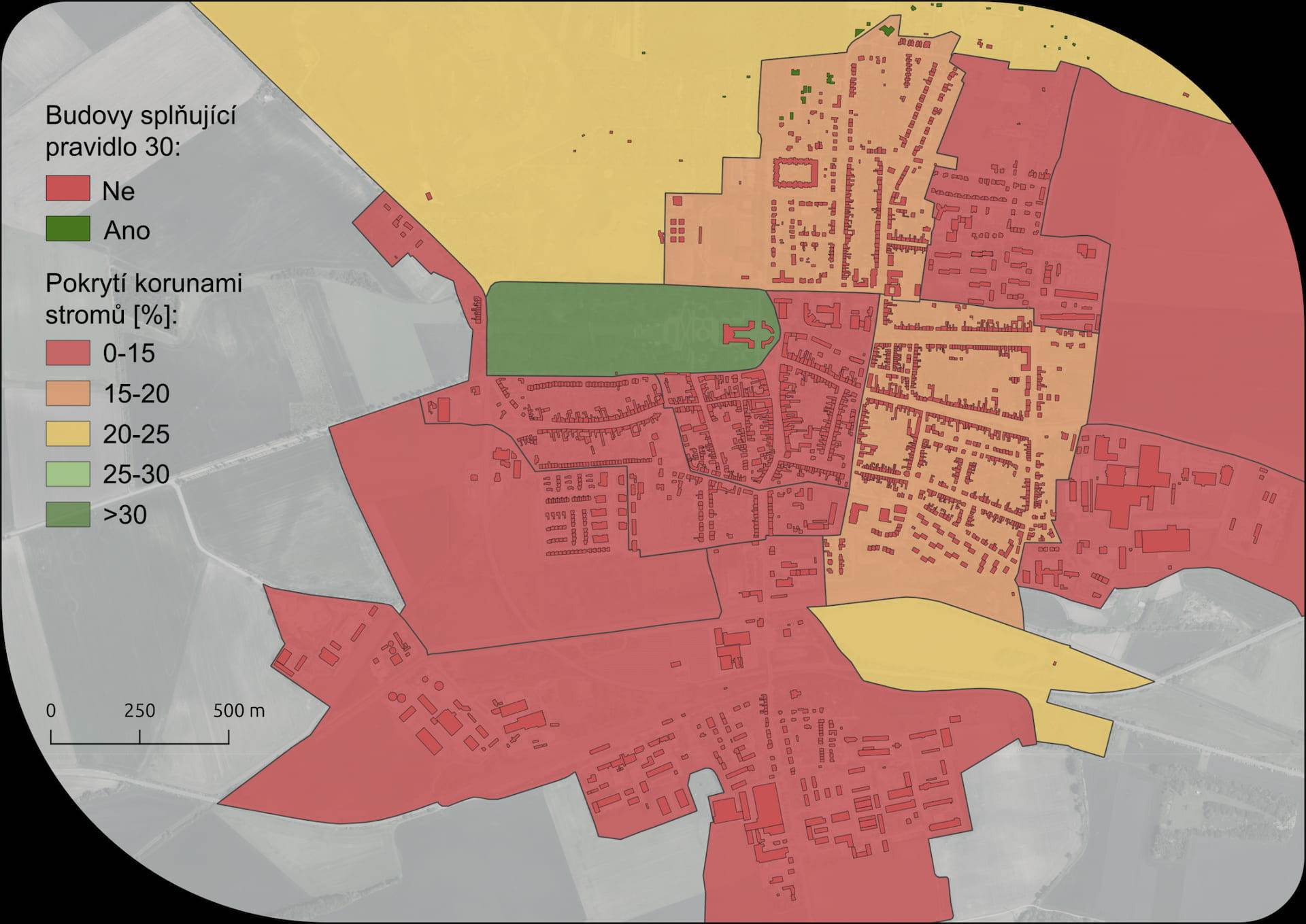 Mapa města Slavkov zobrazující pokrytí stromovými korunami v jednotlivých čtvrtích a budovy splňující pravidlo 30 podle konceptu 3-30-300. Barevná škála zobrazuje procento pokrytí stromovými korunami: 0-15 % (červená) – oblasti s nízkým stromovým pokryvem, 15-20 % (oranžová) – oblasti se středním pokryvem, 20-25 % (žlutá) – oblasti s vyšším pokryvem, 25-30 % (světle zelená) – oblasti s vysokým pokryvem, >30 % (tmavě zelená) – oblasti s velmi vysokým pokryvem.