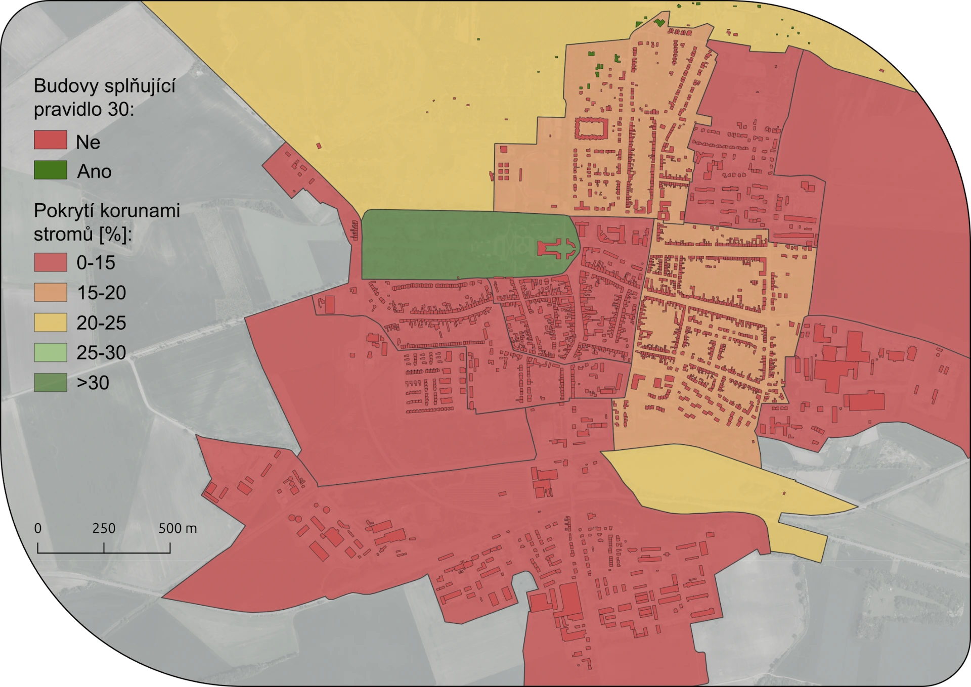 Mapa města Slavkov zobrazující pokrytí stromovými korunami v jednotlivých čtvrtích a budovy splňující pravidlo 30 podle konceptu 3-30-300. Barevná škála zobrazuje procento pokrytí stromovými korunami: 0-15 % (červená) – oblasti s nízkým stromovým pokryvem, 15-20 % (oranžová) – oblasti se středním pokryvem, 20-25 % (žlutá) – oblasti s vyšším pokryvem, 25-30 % (světle zelená) – oblasti s vysokým pokryvem, >30 % (tmavě zelená) – oblasti s velmi vysokým pokryvem.
