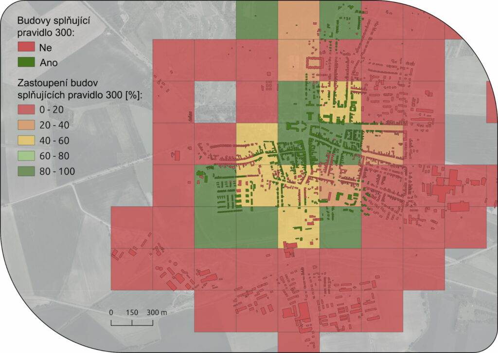 Mapa města Slavkov zobrazující zastoupení budov splňujících pravidlo 300 podle konceptu 3-30-300. Mapa je rozdělena do pravidelné mřížky s barevně odlišenými buňkami podle procenta budov splňujících pravidlo 300 (maximální vzdálenost 300 metrů od zelené plochy): 0-20 % (červená) – oblasti s nejnižším podílem budov splňujících pravidlo, 20-40 % (oranžová) – oblasti se středním zastoupením, 40-60 % (žlutá) – oblasti s vyšším zastoupením, 60-80 % (světle zelená) – oblasti s vysokým zastoupením, 80-100 % (tmavě zelená) – oblasti s nejvyšším podílem budov splňujících pravidlo.