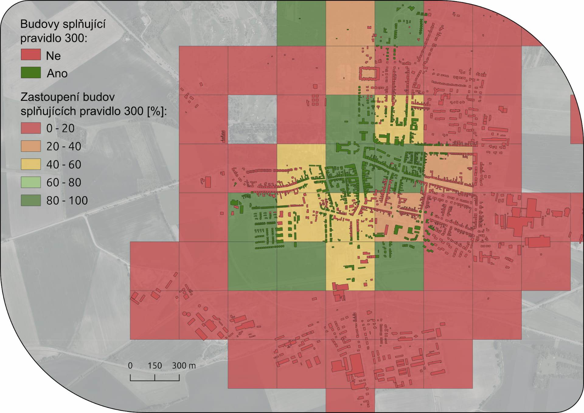 Mapa města Slavkov zobrazující zastoupení budov splňujících pravidlo 300 podle konceptu 3-30-300. Mapa je rozdělena do pravidelné mřížky s barevně odlišenými buňkami podle procenta budov splňujících pravidlo 300 (maximální vzdálenost 300 metrů od zelené plochy): 0-20 % (červená) – oblasti s nejnižším podílem budov splňujících pravidlo, 20-40 % (oranžová) – oblasti se středním zastoupením, 40-60 % (žlutá) – oblasti s vyšším zastoupením, 60-80 % (světle zelená) – oblasti s vysokým zastoupením, 80-100 % (tmavě zelená) – oblasti s nejvyšším podílem budov splňujících pravidlo.