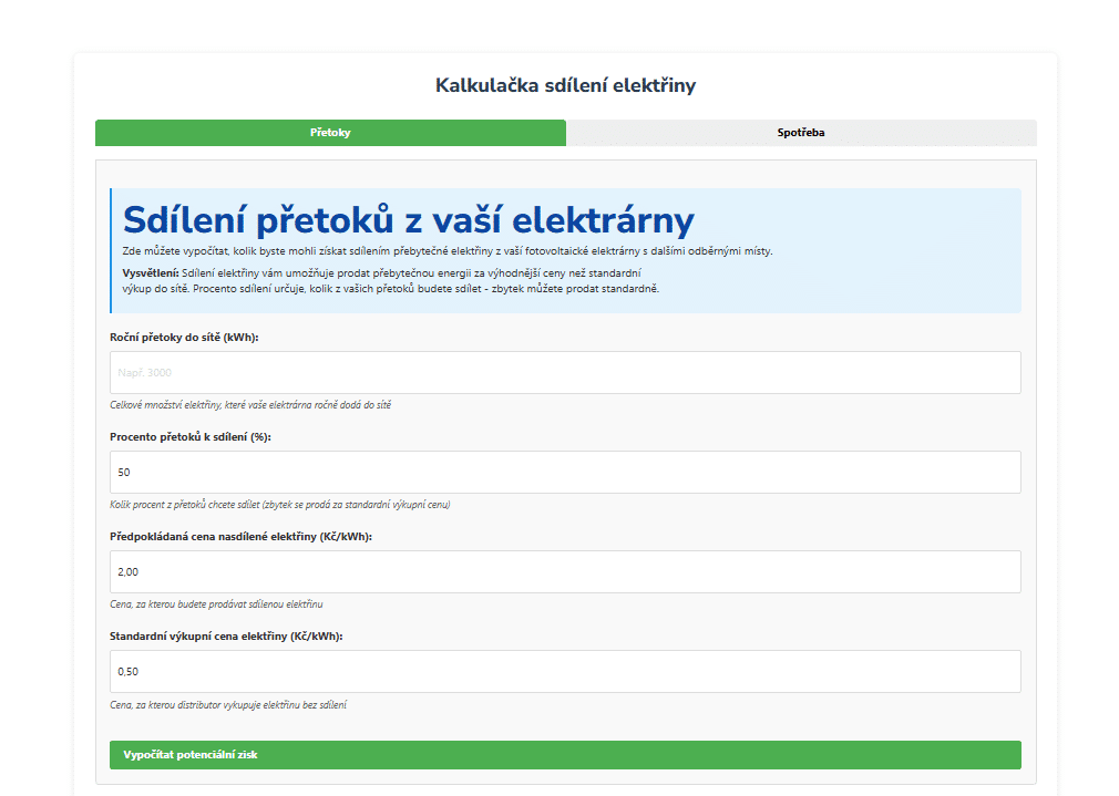 Náhled online kalkulačky sdílení elektřiny formou aktivního zákazníka